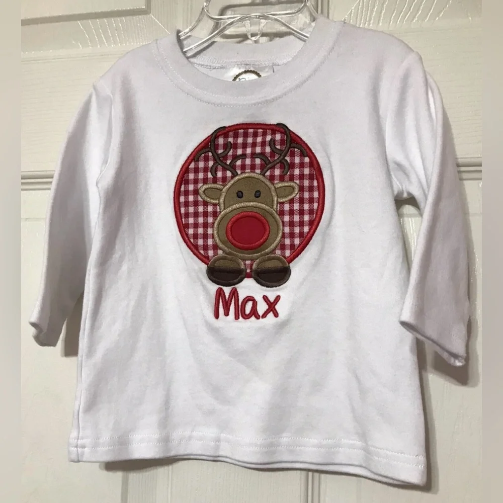 Boutique Baby Boy Christmas Reindeer Shirt “Max” Embroidered Size 12 Months